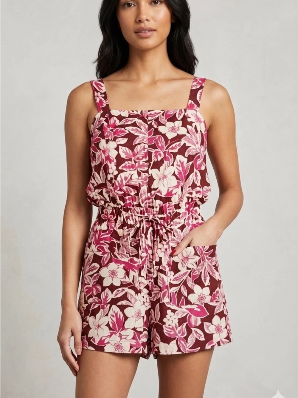 Anthropologie Romper Square-Neck Floral in Burgundy and Pink